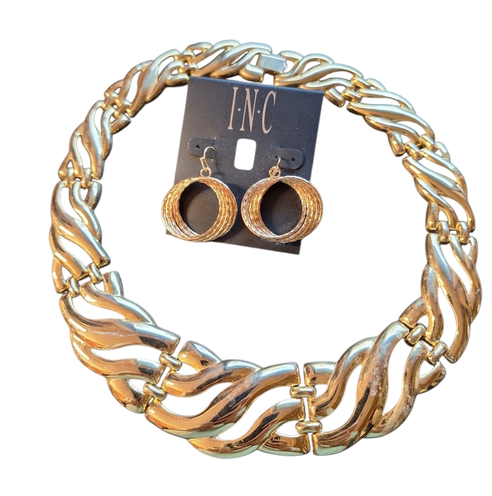Gold Toned  INC Earrings & Gold Choker Bib Style Neckace bling Edgy Maximalist